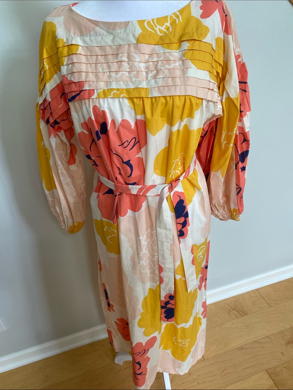 Marimekko MAININKI  midi dress in PIONI  coral yellow cream print with tie belt